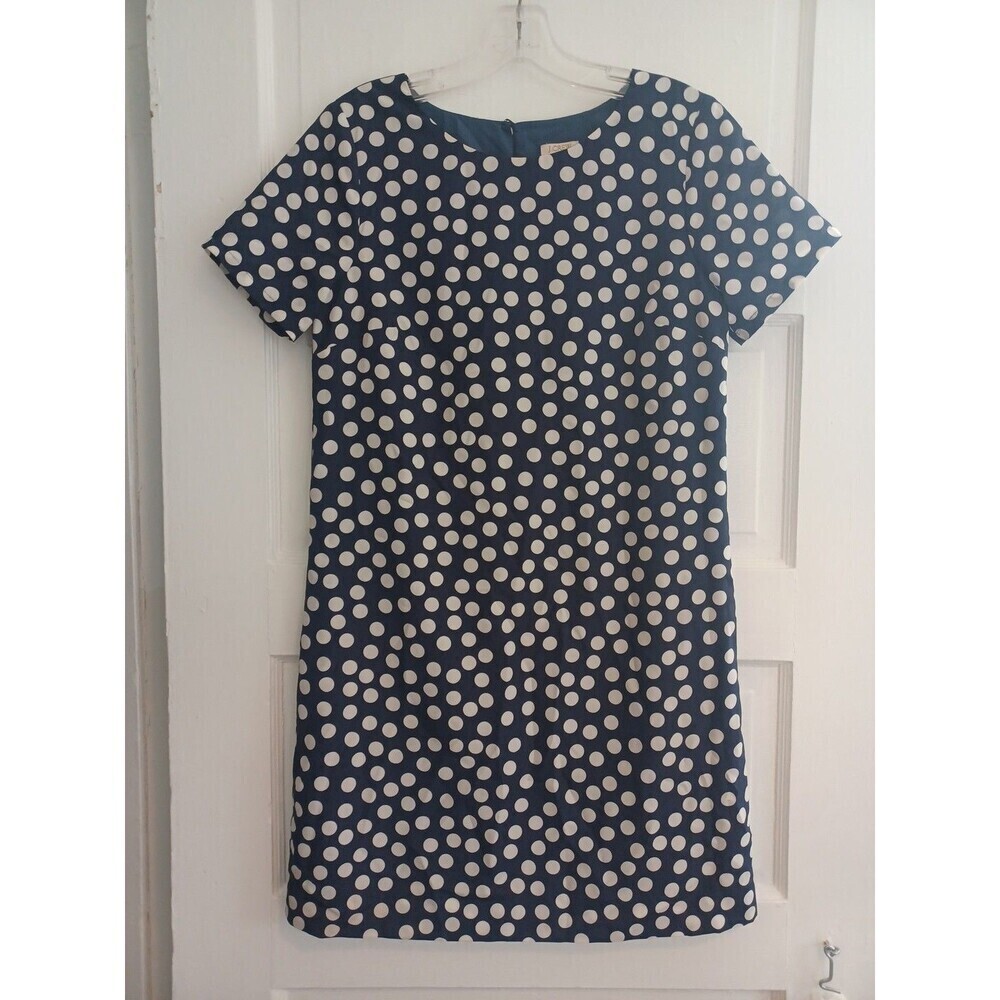 J. Crew navy polkadot short sl. shift dress 2 slim lined timeless preppy offic